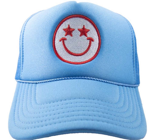 Star Eyed Smiley Trucker Hat Blue